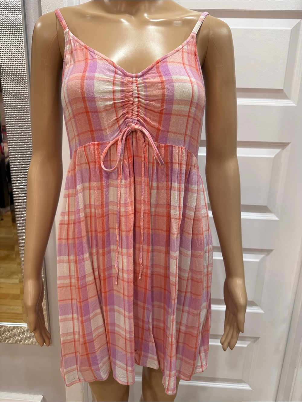 Pink & Peach Plaid Drawstring Sundress